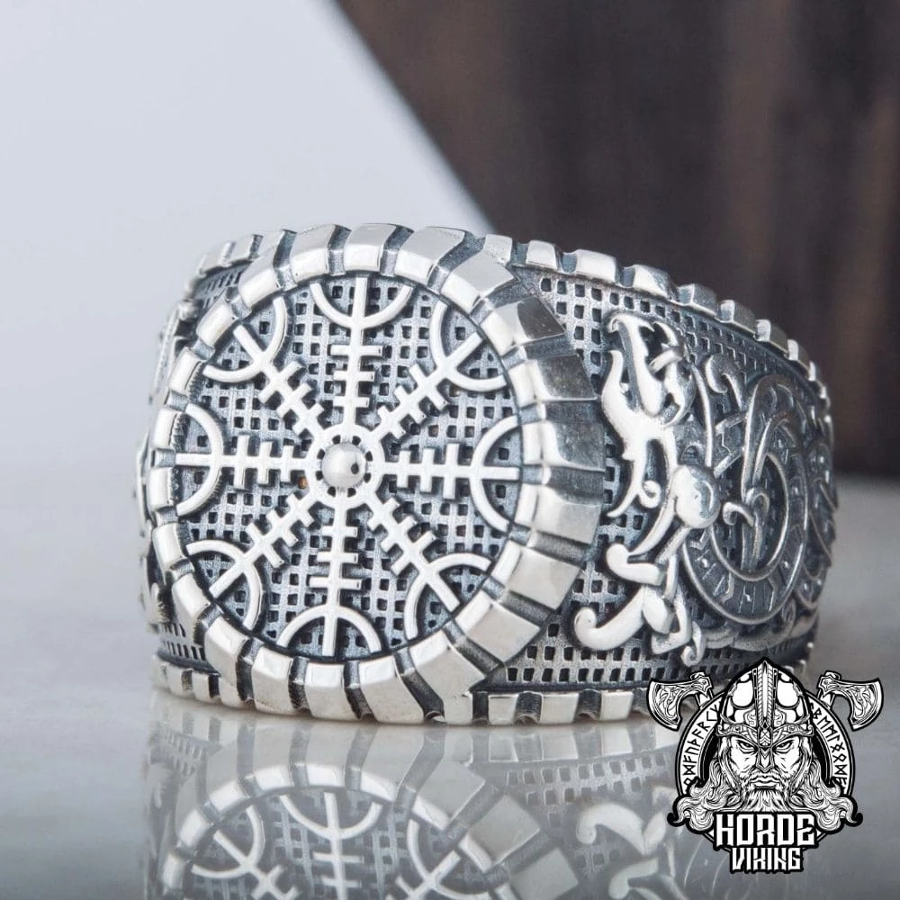 Bague En Argent Avec Symboles Aegishjalmur Et Dragons Vikings 4 Bague En Argent Avec Symboles Aegishjalmur Et Dragons Vikings – Image 2