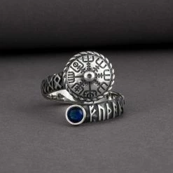 Bague Vegvisir En Argent Avec Pierre Bleue 11 Bague Vegvisir En Argent Avec Pierre Bleue -vêtements Soldes Magasin bague viking runique pierre bleue