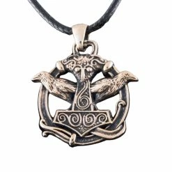 Pendentif Marteau De Thor Et Corbeaux Hugin Et Munin En Bronze